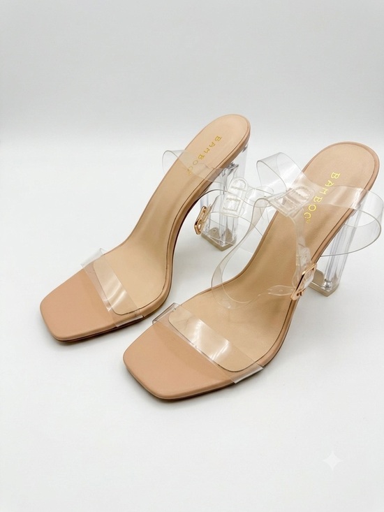 BAMBOO Shoes - BAMBOO Nude Clear Strap Block Heel Mules-size 9